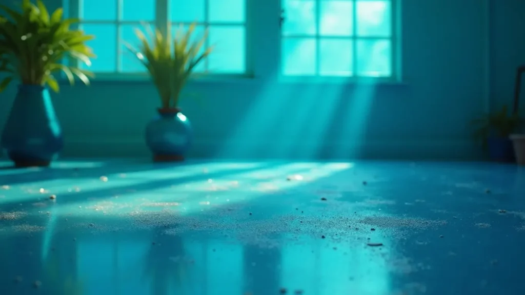 blue, green and yellow room with shiny floor and dust on the floor