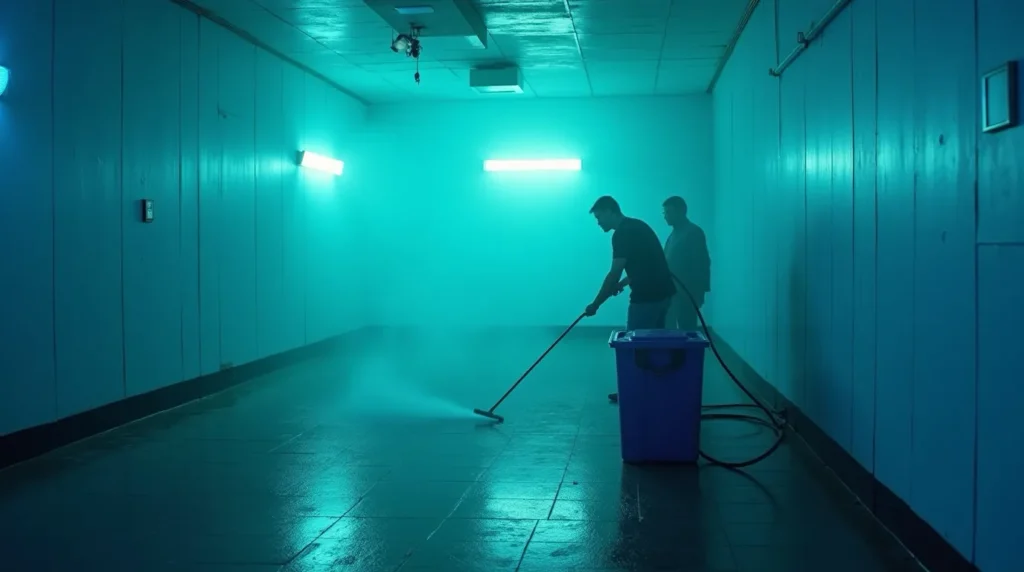 blue room showing bin and two men pressure cleaning room