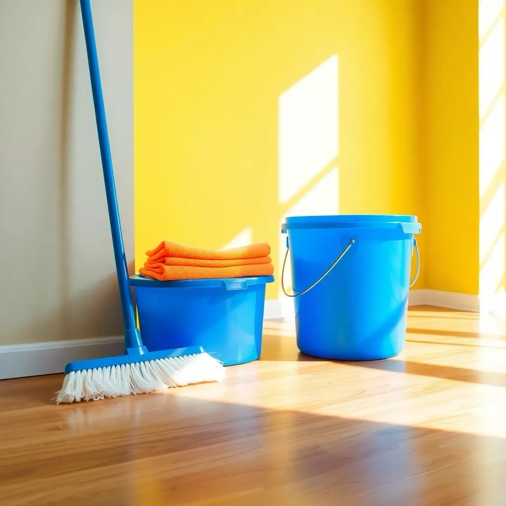 shiny wood floor with yellow walls and broom and bucket showing cleaning