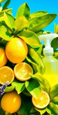 lemon tree with lemon halves and a lemon based cleaning agent bottle in the branches