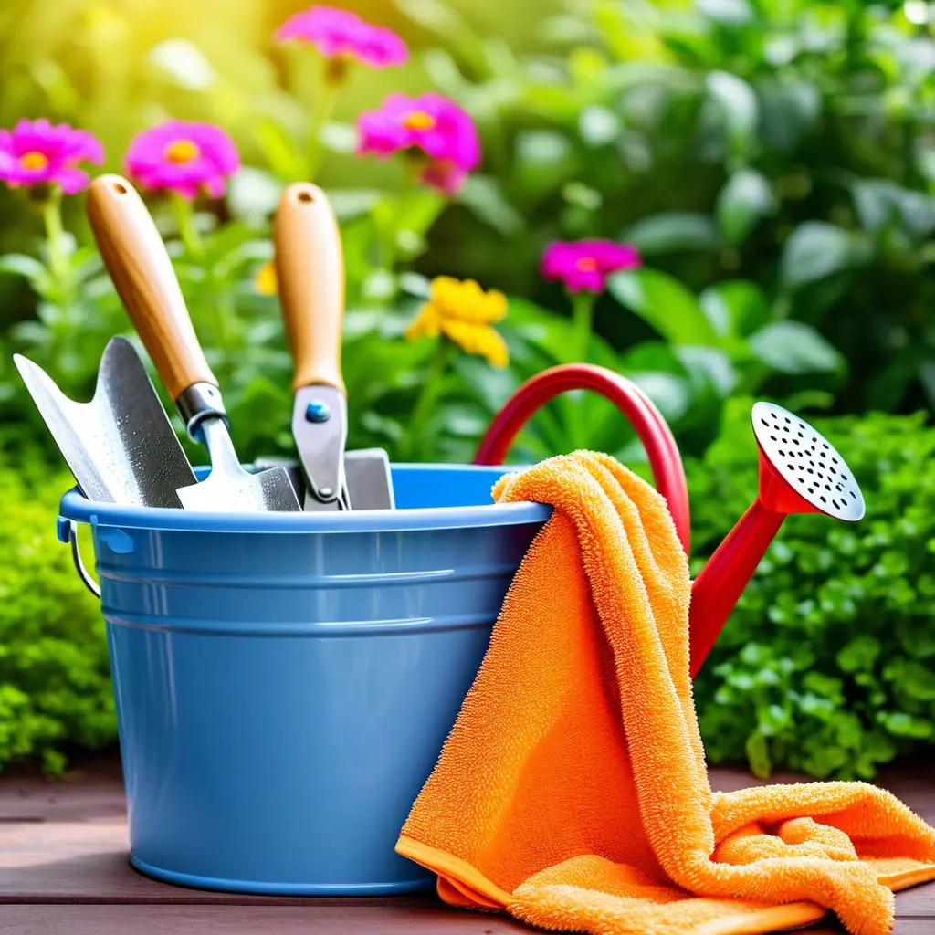 blue bucket with gardening implements, red watering can, and orange cloth