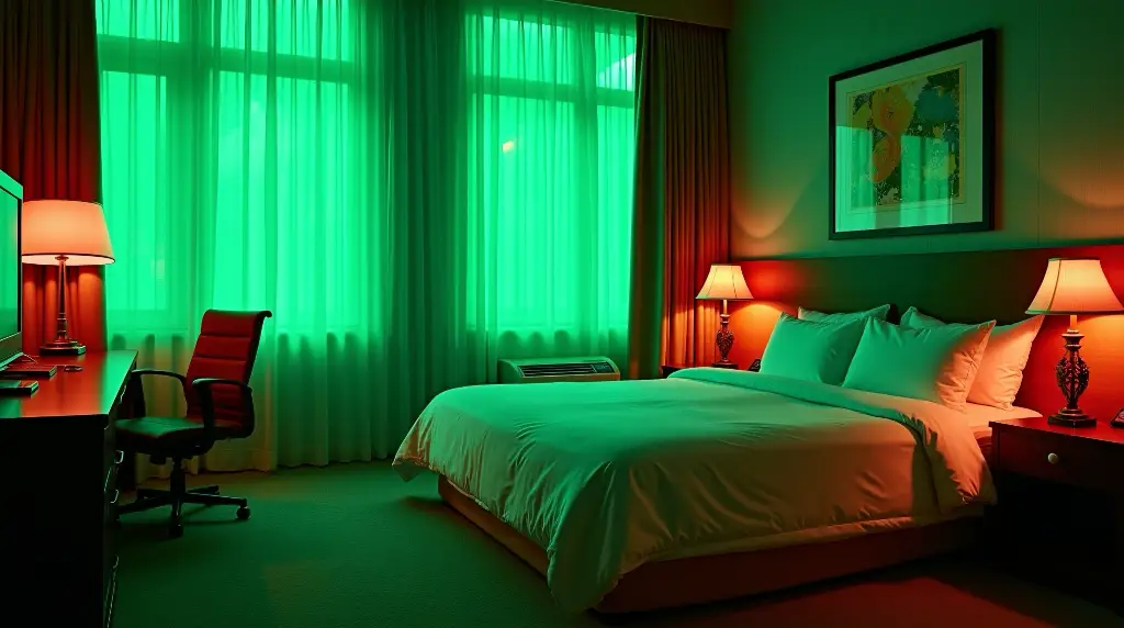 hotel room bathed in green light