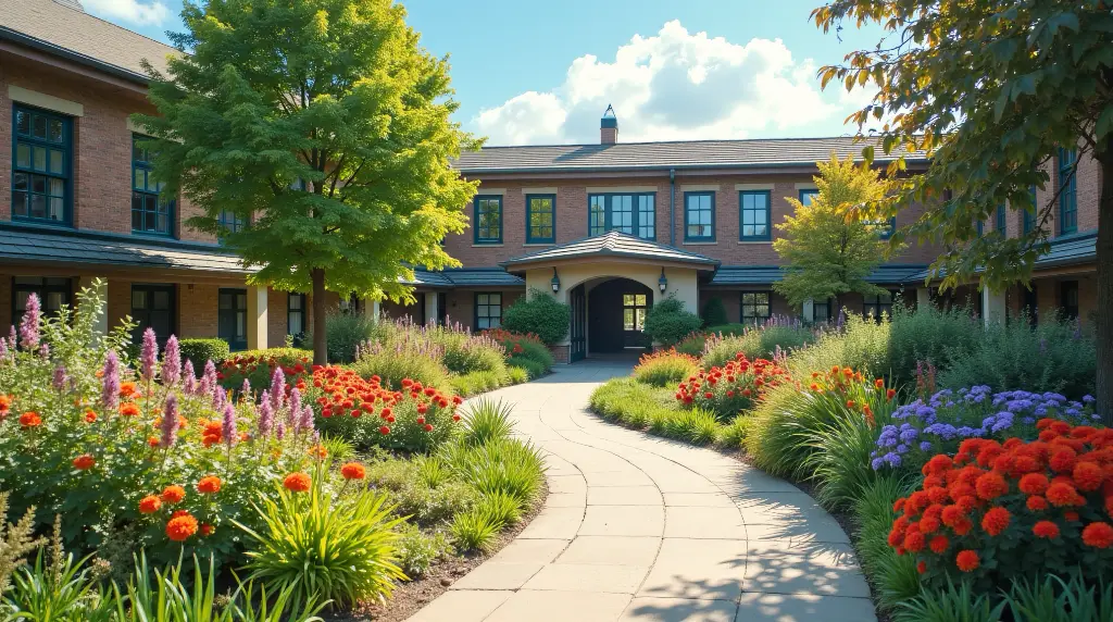 path to school entrance bordered by beautiful flower beds