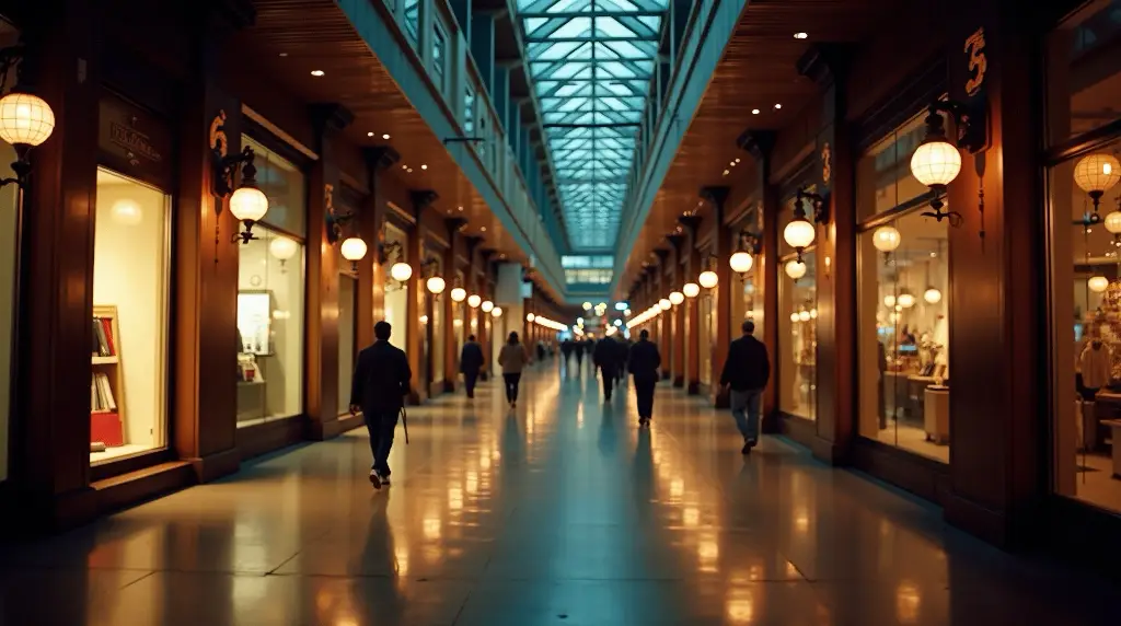 inside of shopping centre dimly lit by yellow lighting